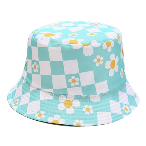 Bucket Hat for Women Men, Cotton Reversible Double Side Wear Sun Hats Beach Fisherman Hat - color: Small Checkered Flowers Blue