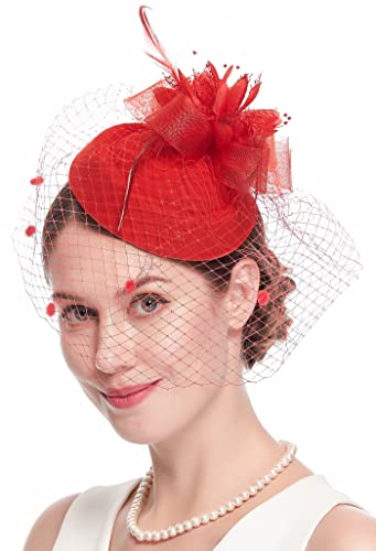 Fascinator Hats for Women 20s 50s Vintage Pillbox Hat Kentucky Derby Fascinators Flower Veil Wedding Tea Party Hat - color: 1-red