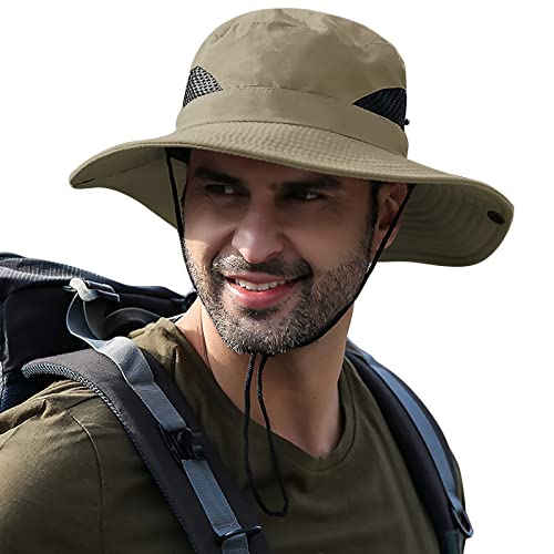 Sun Hats for Men Women UPF 50+ Wide Brim Bucket Hat Waterproof Packable Cowboy Hat for Fishing Beach Safari Gardening Golf - color: Khaki