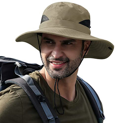 Sun Hats for Men Women UPF 50+ Wide Brim Bucket Hat Waterproof Packable Cowboy Hat for Fishing Beach Safari Gardening Golf - color: Khaki