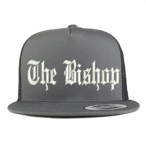 Trendy Apparel Shop The Bishop Old English Embroidered 5 Panel Flatbill Trucker Cap - color: Charcoal