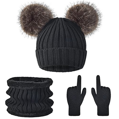 3 Pcs Women Winter Knit Beanie Hat Scarf Touchscreen Gloves Set Warm Soft Thick Fleece Lined Skull Cap with Double Pom Pom - color: Black