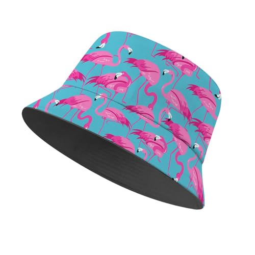 Amasnay Neon Bucket Hat Cotton Double-Side-Wear Reversible Sun Hat for Women Men, Summer Vacation Travel Beach Fisherman Hat - color: Blue Pink Flamingo