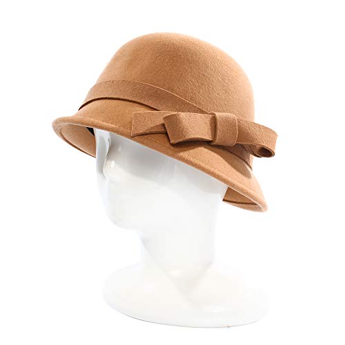 Ladies Wool Felt Bucket Hat Women Vintage Cloche Fedora Winter Church Bowler Hat with Bow - color: Khaki