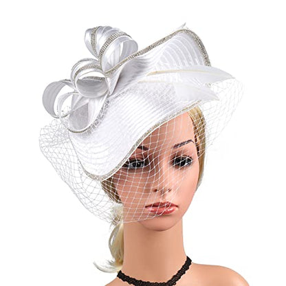 ORIDOOR Women Fascinators Derby Church Tea Party Wedding Flower Feathers Headpiece with Headband Clips - color: A-white