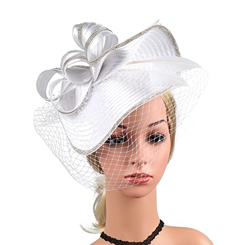ORIDOOR Women Fascinators Derby Church Tea Party Wedding Flower Feathers Headpiece with Headband Clips - color: A-white