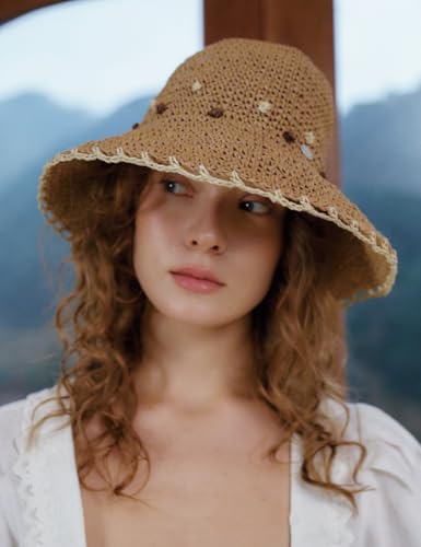 Women Straw Sun Hat Summer Beach Hats Foldable Floppy Cap Wide Brim Bucket Hat Solid Handmade Sun Protection Caps - color: Dot-khaki
