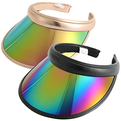 2 Pack Sun Visor Hats Women Men Clip-on Iridescent Clear Sport Outdoor Cap - color: 2pack ,Gold Black