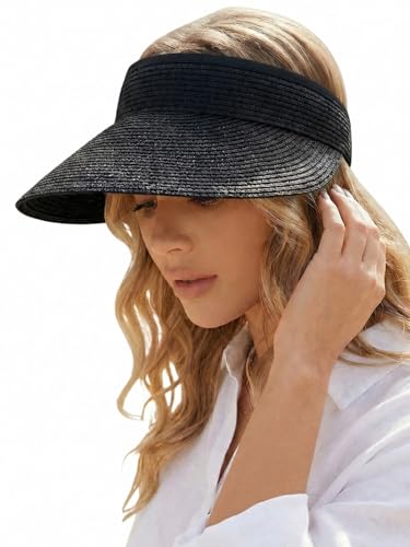 Sun Visor Hat for Women Summer Beach Vacation Essential Ponytail Friendly Travel Foldable Packable UPF 50+ - color: Black