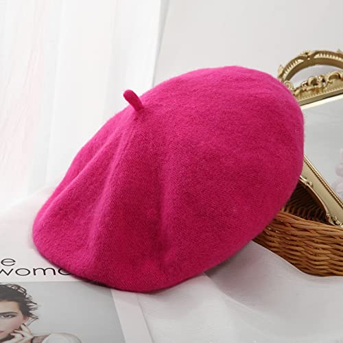 Women French Wool Beret Hats - Solid Color Classic Beanie Winter Cap - color: Rose