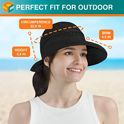 SUN CUBE Womens Sun Hat UV Protection Wide Brim Zip-Off Golf Visor - color: Black