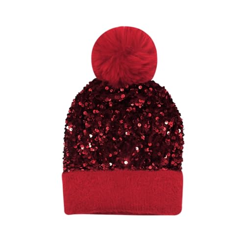 Women Sparkly Sequins Knitted Beanie Hat Warm Winter Skull Cap with Faux Fur Pom Pom - color: Red