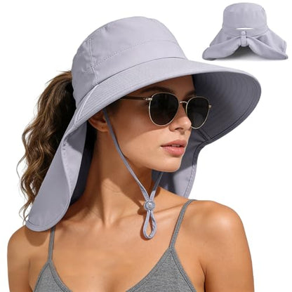 Ruqizhi Sun Hats for Women with Neck Flap Ponytail Hole Women Sun Hats Rollable UV Protection Fishing Hats Wide Brim UPF 50+ - color: Gray