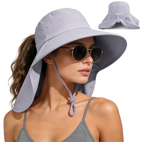 Ruqizhi Sun Hats for Women with Neck Flap Ponytail Hole Women Sun Hats Rollable UV Protection Fishing Hats Wide Brim UPF 50+ - color: Gray