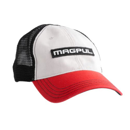 Magpul Trucker Hat Snap Back Baseball Cap, One Size Fits Most - color: Wordmark Garment Washed Stone/Black/Red