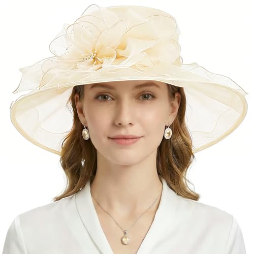 AQOKKA Women Organza Church Fascinators Kentucky Derby Hats for Women and Girls Wedding Flower Tea Party Hat with Wide Brim - color: Beige