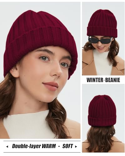 Fleece Lined Wool Beanie Hat Women Men,Winter Knit Chunky Snow Cap - color: 1-wine Red