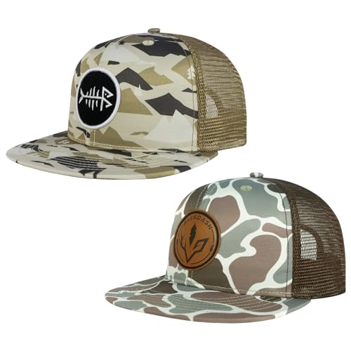 BASSDASH 2 Pack Flat Brim Trucker Cap Adjustable Snapback Hat Mesh Back for Men Women Fishing Hunting - color: Pack of 2, Mountain Camo & Color Block Camo