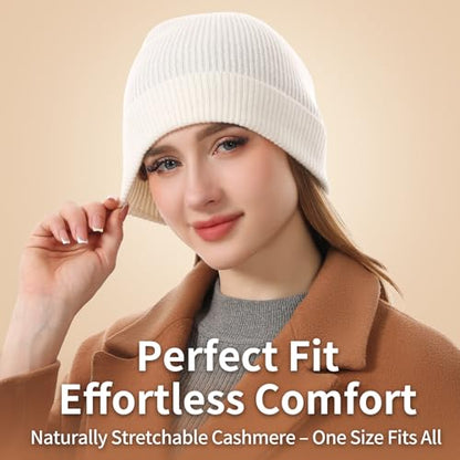 100% Cashmere Beanie for Women and Men, Soft Warm Winter Knit Hat - color: White