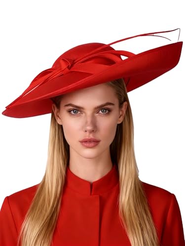 Big Wide Brim Fascinator Hats for Women Ladies Kentucky Tea Party Dress Flat Top Fedoras Hat with Bow Feather - color: Red