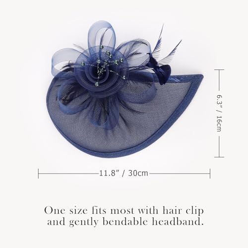 AQOKKA Women Fascinators Hats Flower Fascinators with Headband and Clip Tea Party Headwear for Women and Girls - color: Feather Flower: Navy a