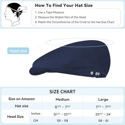 Men's Newsboy Flat Cap 100% Cotton Gatsby Ivy Golf Cabbie Hunting Summer Hat - color: Navy, size: Medium