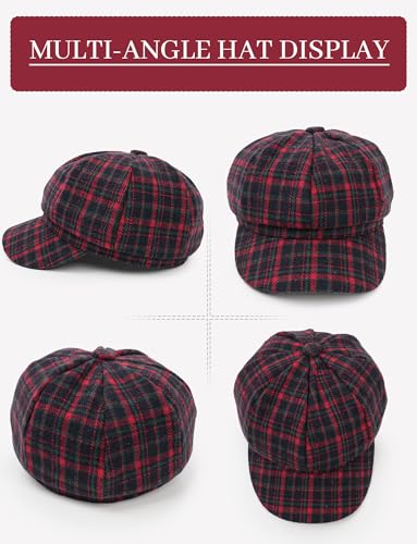 FEOYA Women Newsboy Hat Plaid Cabbie Caps Cotton Casual Stylish Beret Cap Paperboy Hats - color: Plaid-red