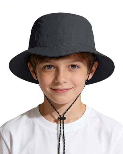 Kids UPF 50+ Waterproof Sun Hat, Packable Wide Brim Bucket Hat - color: 00-black
