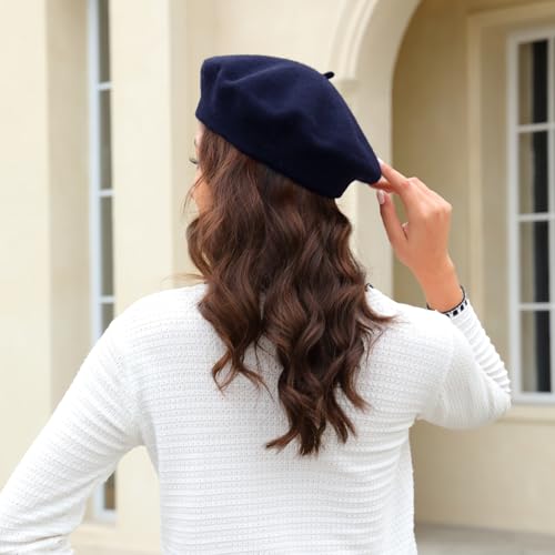 Wheebo Wool Beret Hat,Solid Color French Style Winter Warm Cap for Women Girls Lady - color: Navy Blue
