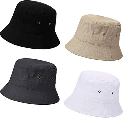SATINIOR 4 Pcs Bucket Hat Summer Cotton - color: Black, White, Khaki, Dark Grey, size: Large