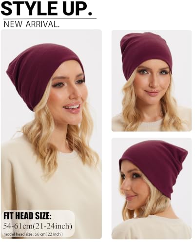Thin 100% Cotton Fine-Knit Beanie Hat Slouchy Soft Chemo Skull Cap - color: 1-wine Red