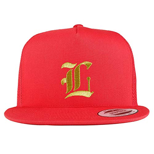 Trendy Apparel Shop Old English Gold L Embroidered 5 Panel Flatbill Trucker Mesh Cap - color: Red
