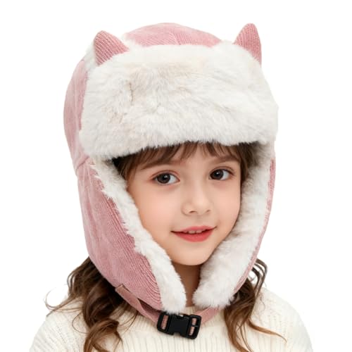 PURFUN Kids Fuzzy Faux Fur Trapper Hats with Cat Ear, Girls Boys Windproof Cozy Earflap Hats Ushanka Ski Caps for 3-8 Yrs - color: Pink