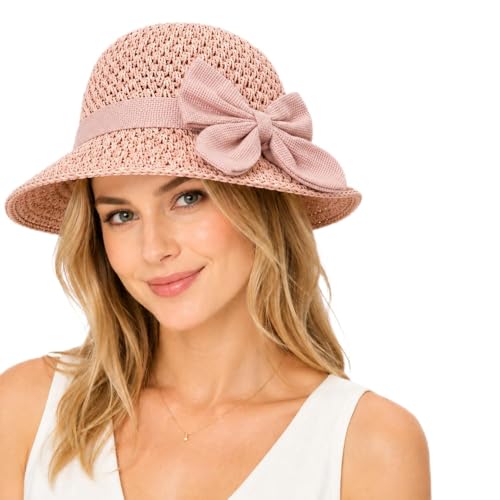 Straw Sun Hat for Women, Foldable Wide Brim Straw Bucket Hats with Adjustable Drawstring & Bow - color: Pink
