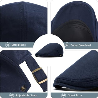 meioro Mens Cotton Newsboy Hat Adjustable Soft Fit Flat Cap for Men - color: Navy