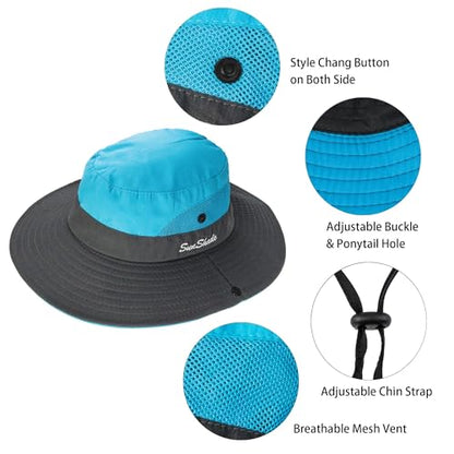 Women's Outdoor-UV-Protection-Foldable-Sun-Hats-Wide-Brim Hat Ponytail-Hole - color: Blue