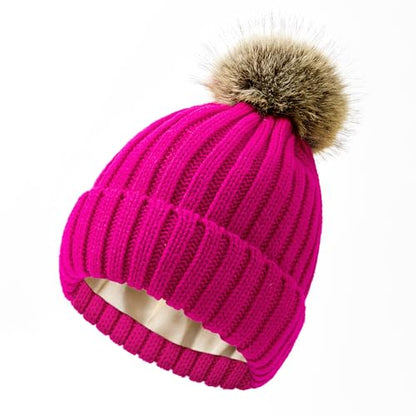 Zando Women's Satin Lined Beanie with Faux Fur Pom Pom - color: Rose Red
