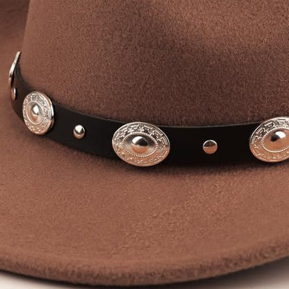 DRESHOW Women Men Classic Felt Wide Brim Western Cowboy & Cowgirl Cap Belt Buckle Retro Panama Hat Unisex Rolled up Caps - color: 1 Pack: Coffee (Hat Circumference: 22-22.8")