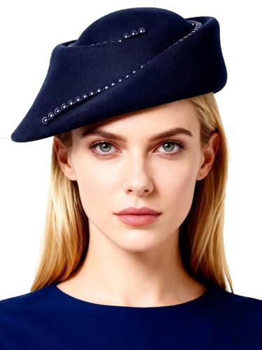 Small Top Hats for Women Elegant Winter Vintage Beret Wool Felt Fedoras Ladies Luxury Wedding and Church Cap Female - color: Navy Blue 2
