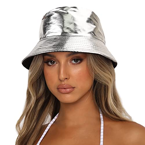 Reversible PU Leather Bucket Hats for Women Solid Color Double Wear Summer Hat Unisex - color: Silver