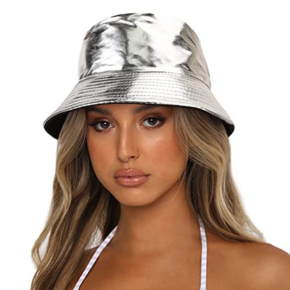 Reversible PU Leather Bucket Hats for Women Solid Color Double Wear Summer Hat Unisex - color: Silver