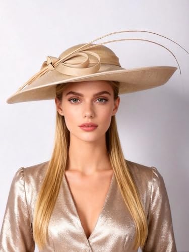 Big Wide Brim Fascinator Hats for Women Ladies Kentucky Tea Party Dress Flat Top Fedoras Hat with Bow Feather - color: Champagne