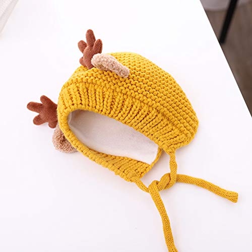 AIBEARTY Cute Deer Elk Antlers Baby Hat Winter Warm Plush Knitted Ear Warmer Bonnet Boys Girls Cap Beanie with Chin Strap - color: Yellow