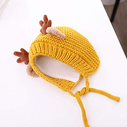 AIBEARTY Cute Deer Elk Antlers Baby Hat Winter Warm Plush Knitted Ear Warmer Bonnet Boys Girls Cap Beanie with Chin Strap - color: Yellow