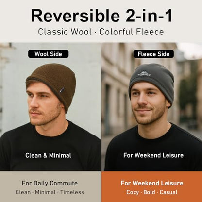 TOP-EX PolarWool™ Wool Beanie Hat for Men Women Fleece Lined Skull Cap Winter Knit Hat Watch Caps Reversible & Windproof - color: Green, size: Medium-Large