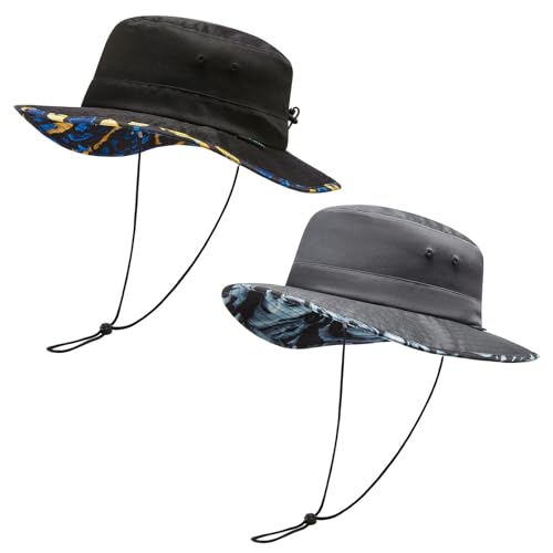 UPF 50+ Foldable Sun Hat Patterned Under Brim Bucket Hats for Summer Hiking Fishing Beach Safari Men Women - color: Black & Dark Grey, size: Large