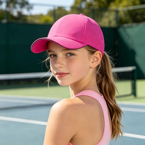 Girls Criss Cross Ponytail Hat Mesh Baseball Cap Kids Quick Dry Ponycap Hats Outdoor Summer Sports Hat Age 7-12 - color: Mesh-rose Red