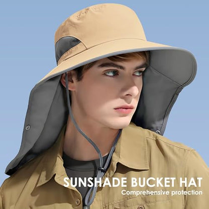 Outdoor Sun Hat Detachable Neck Face Flap UPF 50+UV Protection Visor Fishing Hats with Neck Flap for Men & Women - color: Khaki