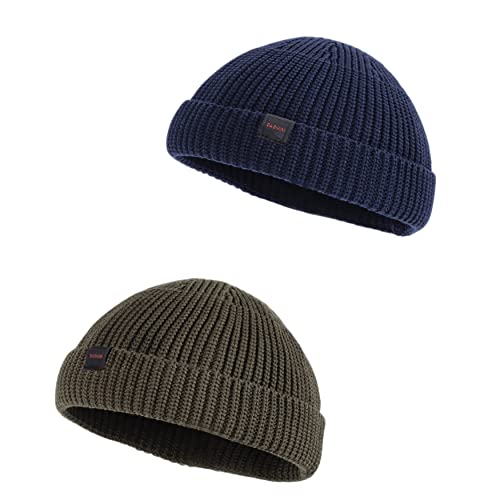 2 Pack Fisherman Beanie Hats for Men Women,Knit Trawler Skull Cap,Watch Cap,Spring Fall Winter Warm Short Hats - color: (Cotton) 2pcs:midnight+olive(m)