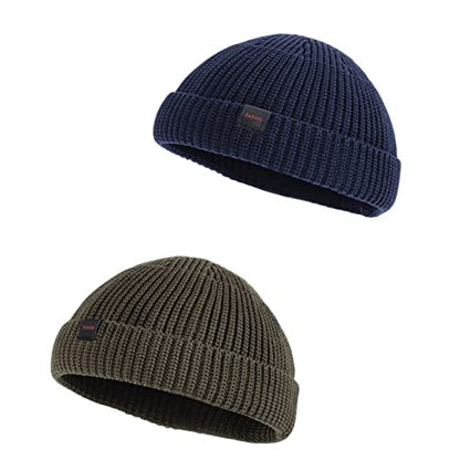 2 Pack Fisherman Beanie Hats for Men Women,Knit Trawler Skull Cap,Watch Cap,Spring Fall Winter Warm Short Hats - color: (Cotton) 2pcs:midnight+olive(m)